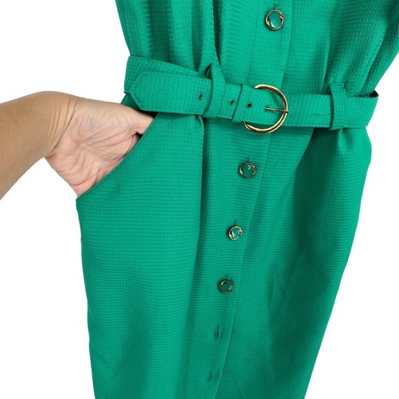 Vintage Peri Petites 80s Dress Kelly Green 14 Button Front Belted Pockets USA - Picture 6 of 12